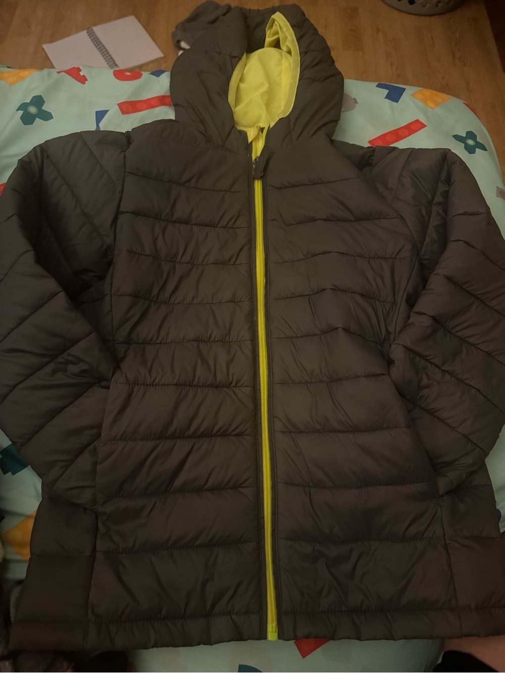 Kids Hooded Puffer Jacket in Charcoal with Yellow Trim
